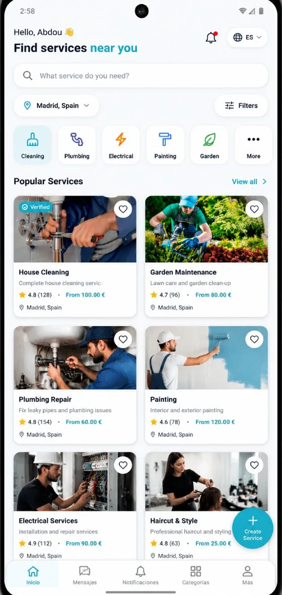 Pantalla de inicio de Blajober: encuentra servicios cerca de ti