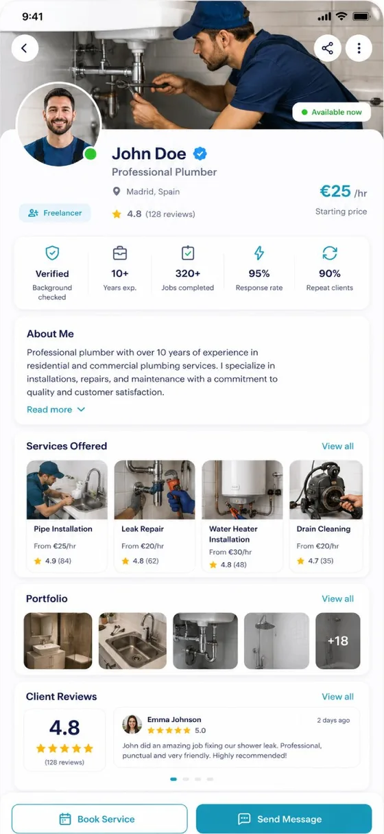 Perfil de profesional verificado en la app Blajober