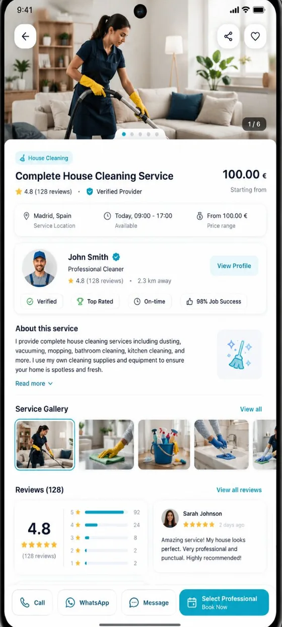 Detalle del servicio con galería y reseñas