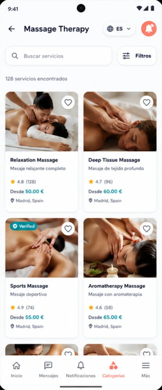Listado de servicios con valoraciones