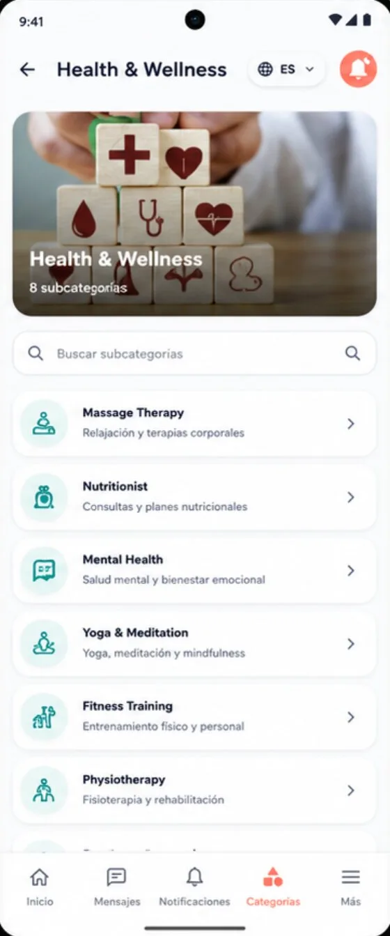 Subcategorías de salud y bienestar